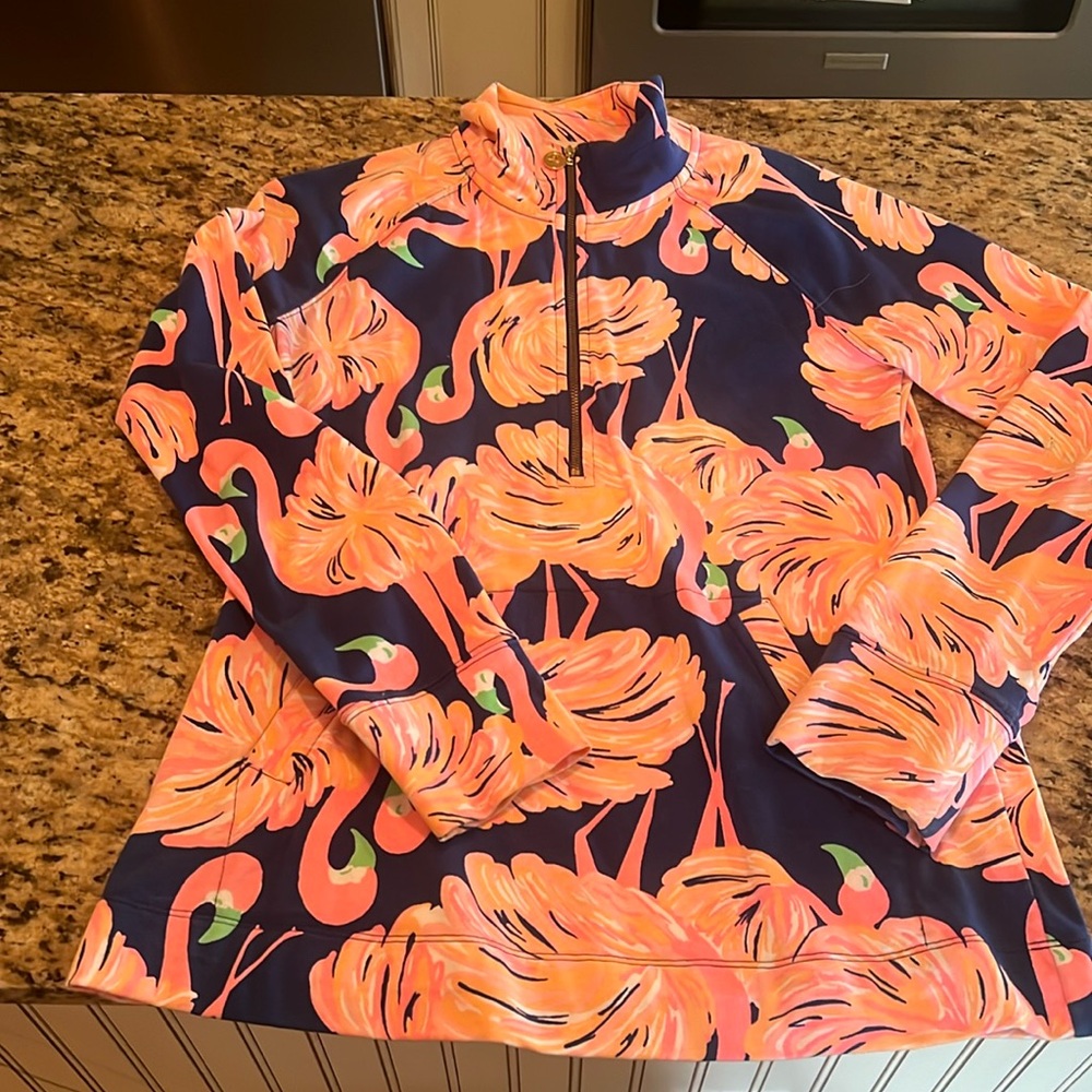 Lilly Pulitzer Women's Flamingo Skipper Popover Sweatshirt Size XS Blue/Pink 🦩
